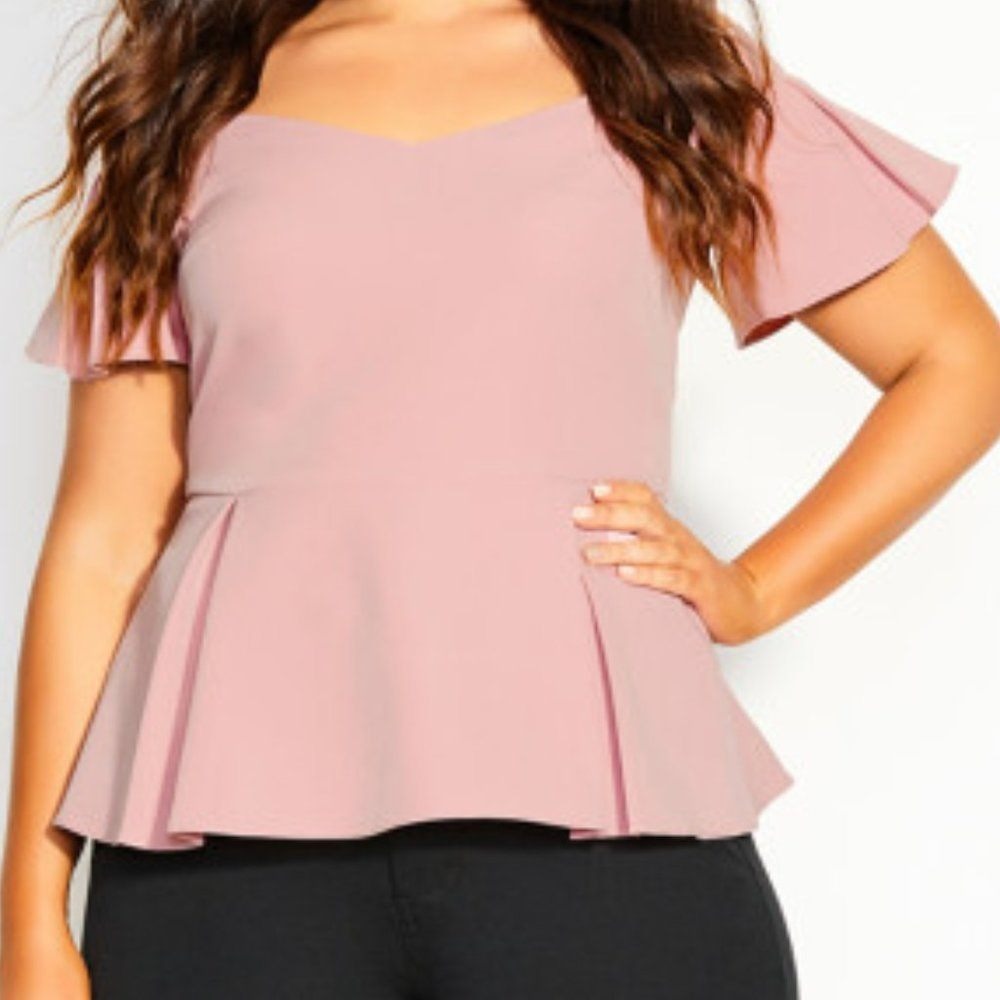 City Chic Peplum Top Womens Blush Pink Aria Flutter Sleeve Romantic XL/22